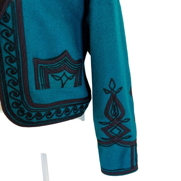 Western Vintage Wool Jacket – Teal & Black Embroidered Cropped Blazer - Picture 3 of 9